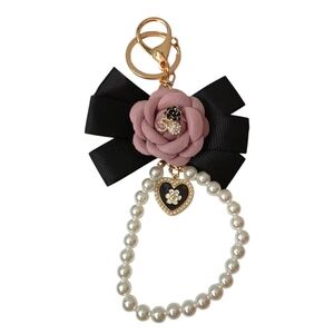 Large Light Pink And Black Bow Heart With Pearls Purse Charm Keychain